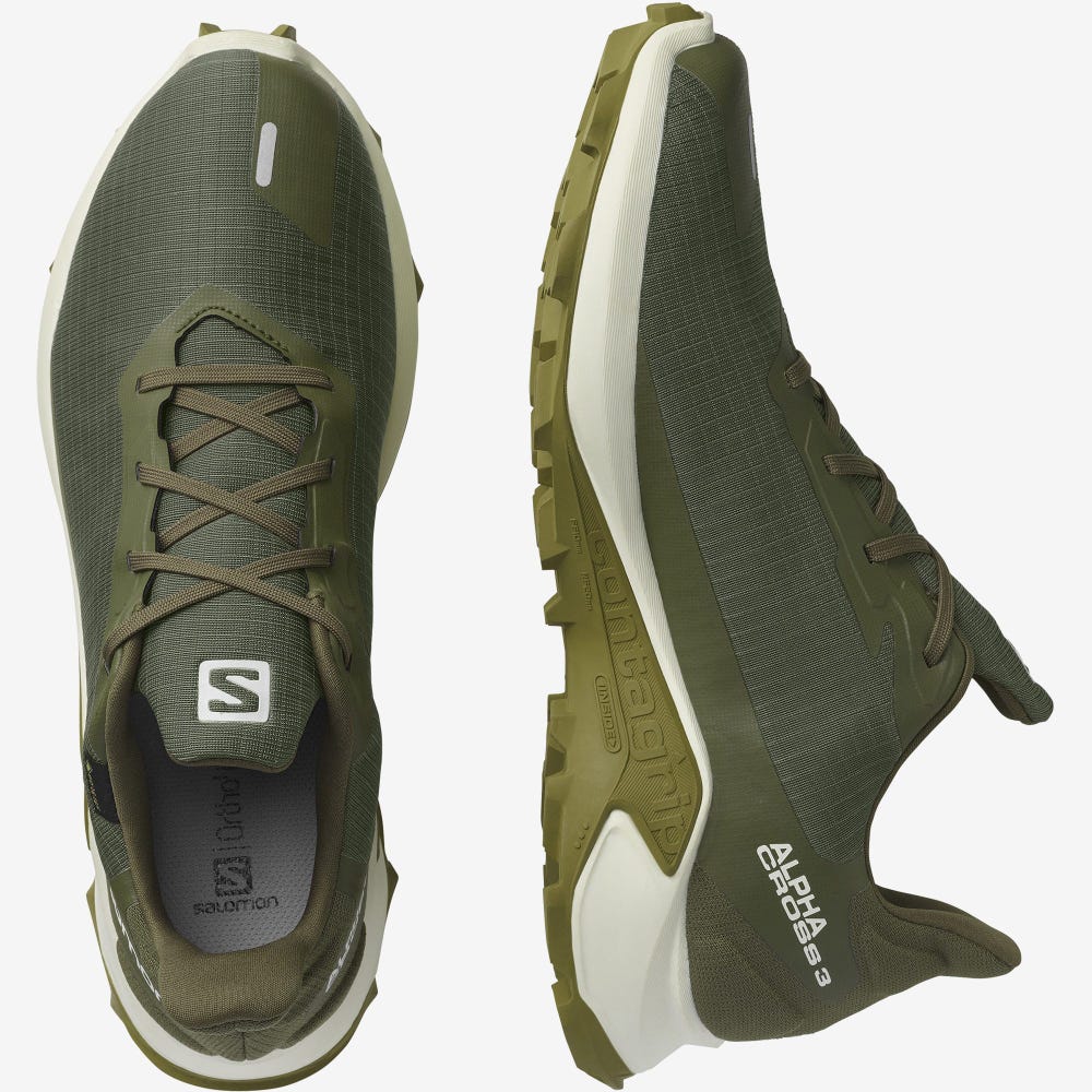 Salomon ALPHACROSS 3 GORE-TEX Terepfutó Cipő Férfi Olivazöld/Világos Sárga/Zöld | HU507394