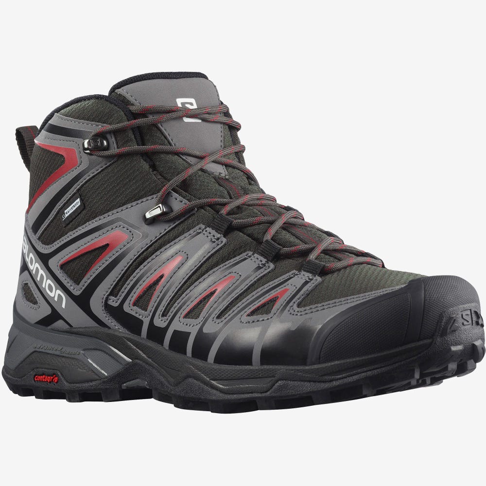 Salomon X ULTRA PIONEER MID CLIMASALOMON™ WATERPROOF Túrabakancs Férfi Olivazöld/Piros | HU814320