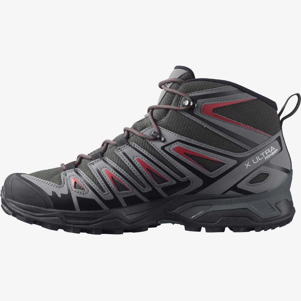 Salomon X ULTRA PIONEER MID CLIMASALOMON™ WATERPROOF Túrabakancs Férfi Olivazöld/Piros | HU814320