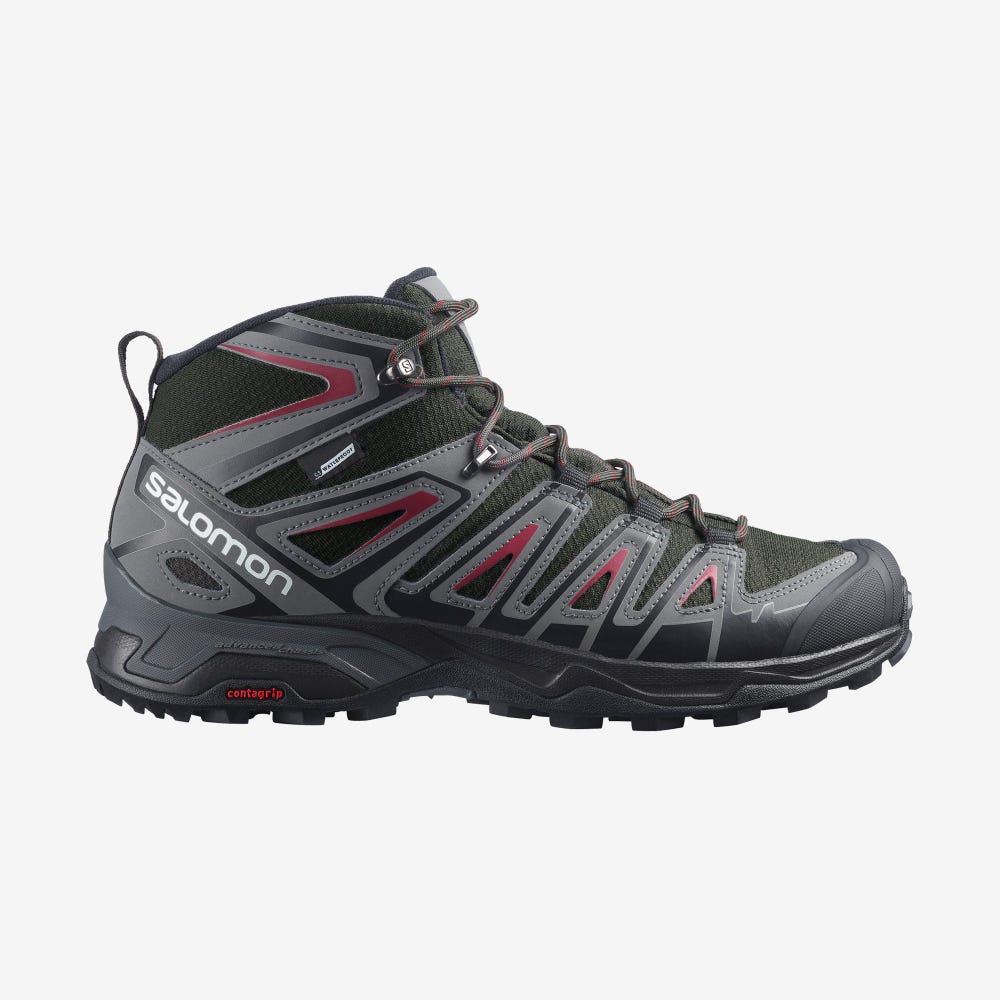 Salomon X ULTRA PIONEER MID CLIMASALOMON™ WATERPROOF Túrabakancs Férfi Olivazöld/Piros | HU814320