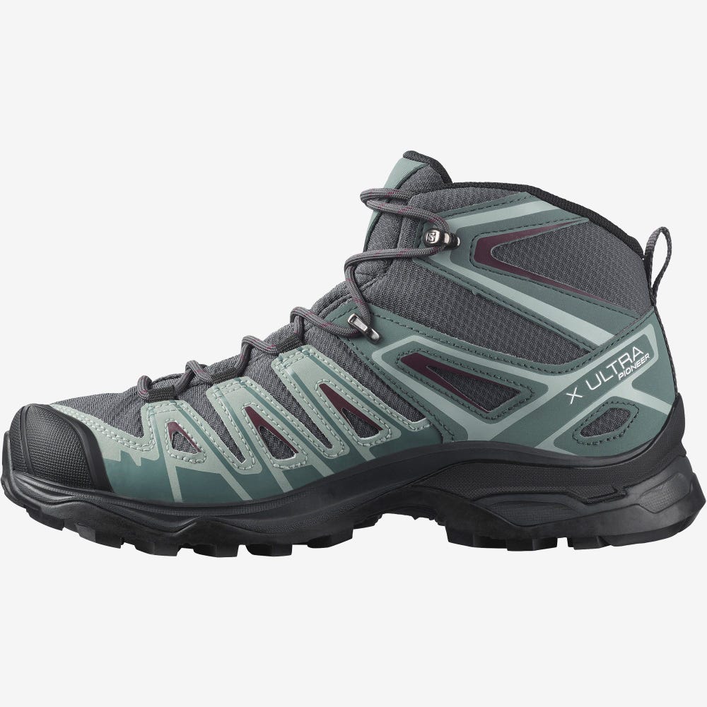 Salomon X ULTRA PIONEER MID CLIMASALOMON™ WATERPROOF Túrabakancs Női Szürke/Zöld/Szürke | HU826417