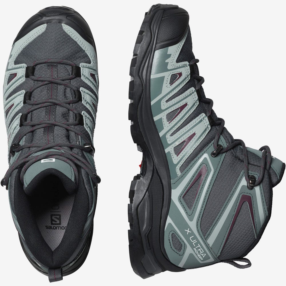 Salomon X ULTRA PIONEER MID CLIMASALOMON™ WATERPROOF Túrabakancs Női Szürke/Zöld/Szürke | HU826417